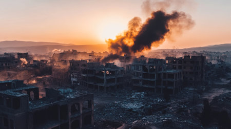War-Torn Cityscape at Sunset: A Desolate Scene of Destructionの素材