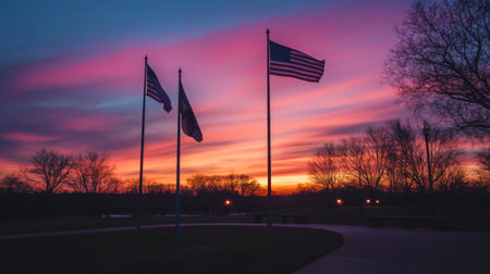 Majestic Sunset with American Flagsの素材