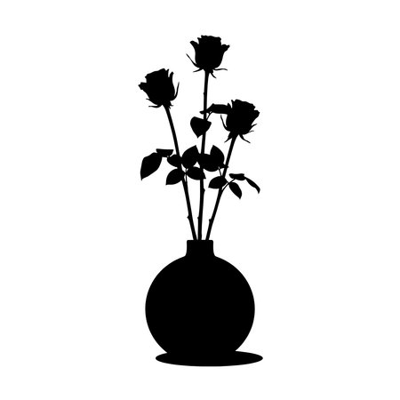 Silhouette of roses in a round vase on white background.のイラスト素材