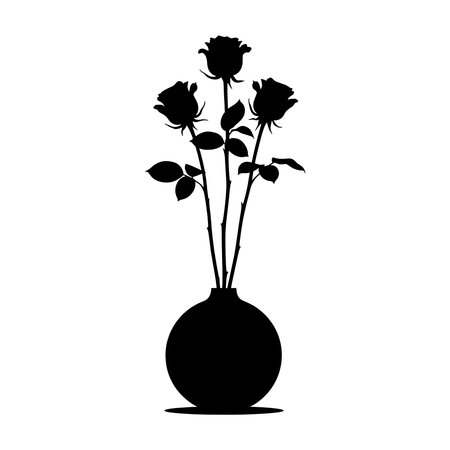 Minimalist black silhouette of three roses in a vase on white background.のイラスト素材
