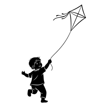 Silhouette of child flying kite: joyful outdoor play.のイラスト素材