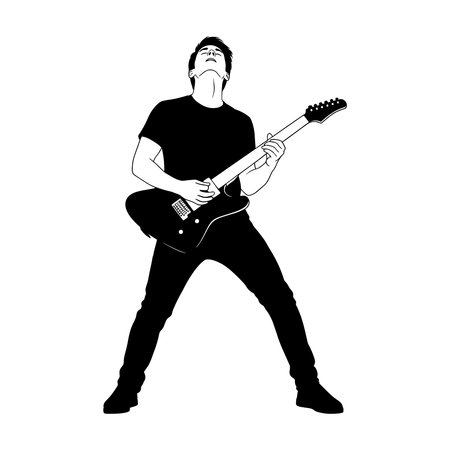 Silhouette of young caucasian male guitarist playing electric guitar in black t-shirt.のイラスト素材