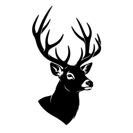 Black silhouette of majestic buck with large antlers on white background.のイラスト素材