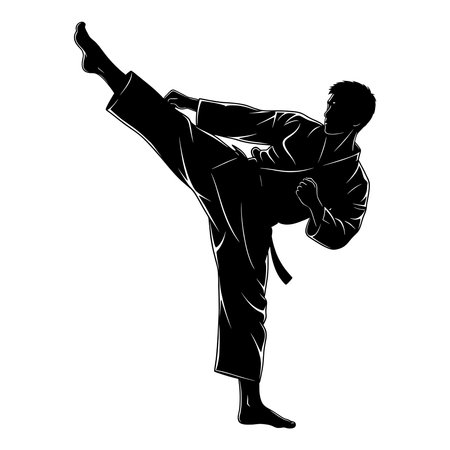 Silhouette of male martial artist executing high kick in traditional uniform.のイラスト素材