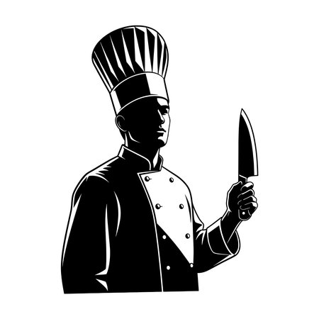 Black and white silhouette of male chef holding knife in uniform.のイラスト素材