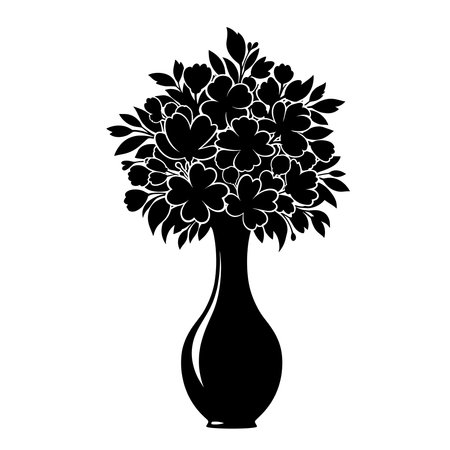 Elegant black silhouette of floral bouquet in vase.のイラスト素材