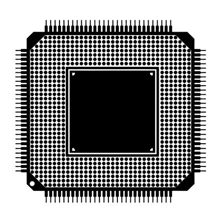 Detailed close-up of microprocessor chip with pins and dots in black and white design.