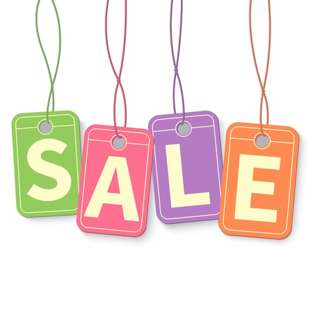Sale tag on hanging multicolor labels isolated on white backgroundのイラスト素材