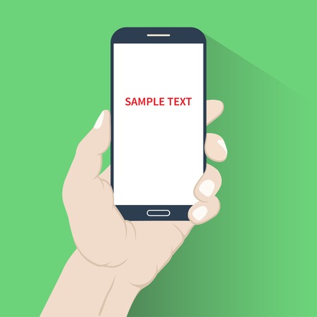 Smartphone in hand in flat design style isolated on green backgroundのイラスト素材