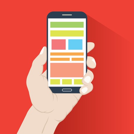 Smartphone in hand in flat design style isolated on red backgroundのイラスト素材