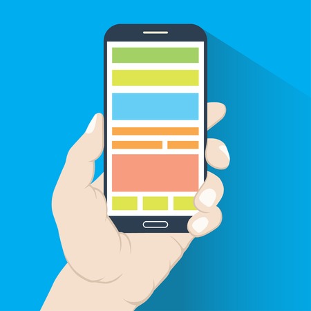 Smartphone in hand in flat design style isolated on blue backgroundのイラスト素材