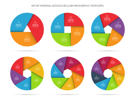 Vector colorful infographic circle template set in material  style. Can be used for graph, cycling diagram, round chart, number options, web design. Business concept with 3, 4, 5, 6, 7, 8 stepsのイラスト素材