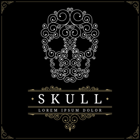 Skull retro vintage luxury logo template with flourishes elegant calligraphic ornamental lines. Vector illustrationのイラスト素材