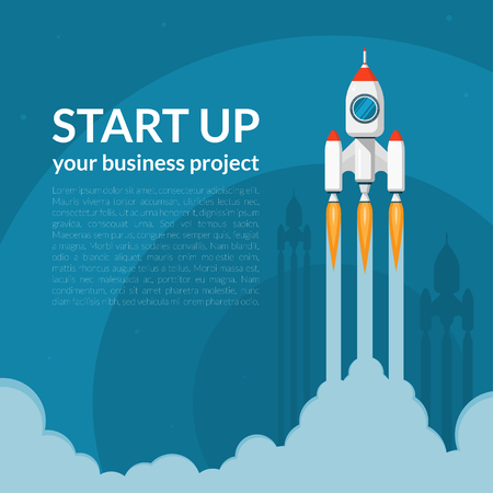 Space rocket launch. New business project start up concept in flat design style. Space for text. Vector illustration backgroundのイラスト素材
