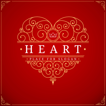 Heart vintage luxury logo template with elegant floral ornamental elements. Line art wedding symbol. Isolated on deep red background. Vector illustrationのイラスト素材
