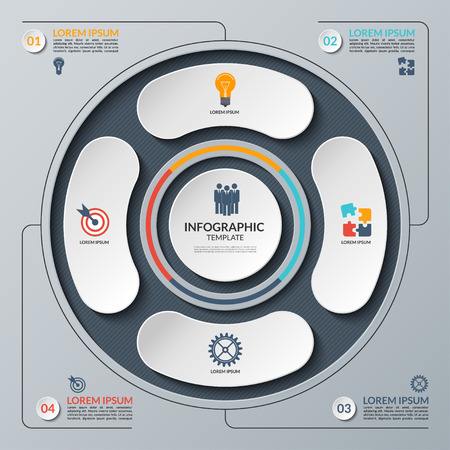 Vector infographic design template. White circle with the set of marketing icons. Business concept with 4 steps, parts, options. Can be used for workflow layout, diagram, number options, web designのイラスト素材