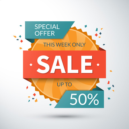 Sale banner. Special offer template. Up to 50 percent off vector label or badge. Half price colorful sticker. Season sale and special offer concept. Shopping backgroundのイラスト素材
