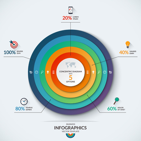 Infographic diagram template with concentric circles. with 5 options- 20, 40, 60, 80, 100 percent. Can be used for web design, presentation, graph, chart, report, data visualizationのイラスト素材