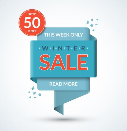 Winter sale . Discount label. Christmas and New Year sale tag. Special offer template. Up to 50 percent off badge. Half price colorful sticker. Shopping backgroundのイラスト素材