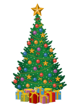 Christmas tree decorated by balls, stars, garlands, snowflakes, gift boxes isolated on white background. illustrationのイラスト素材