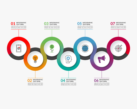 Infographic timeline template of 7 circular elements. Can be used for chart, graph, workflow layout, step by step infographicsのイラスト素材
