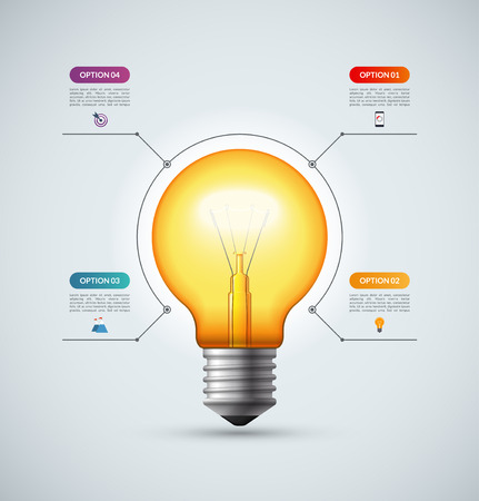 Lightbulb infographic template with 4 options. Creative idea concept. Can be used for circular chart, cycle diagram, graph, workflow layout, web design. Vector backgroundのイラスト素材