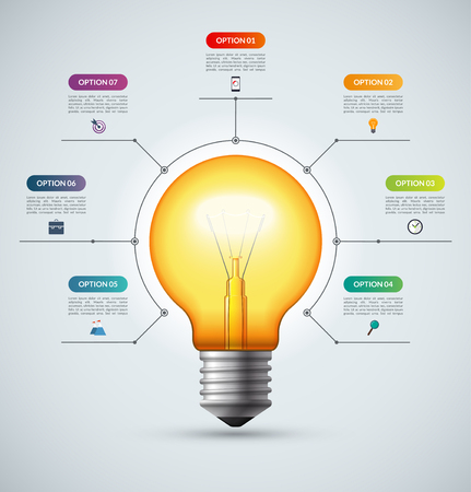 Lightbulb infographic template with 7 options. Creative idea concept.のイラスト素材