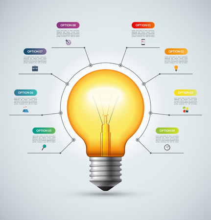 Lightbulb infographic template with 8 options. Creative idea concept. Can be used for circular chart, cycle diagram, graph, workflow layout, web design. Vector backgroundのイラスト素材