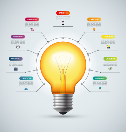 Lightbulb infographic template with 9 options. Creative idea concept. Can be used for circular chart, cycle diagram, graph, workflow layout, web design. Vector backgroundのイラスト素材