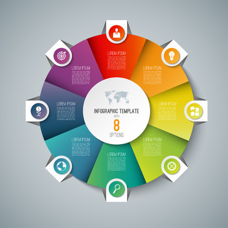 Infographic pie chart circle template with 8 options. Can be used as cycle diagram, graph, web banner, workflow layoutのイラスト素材