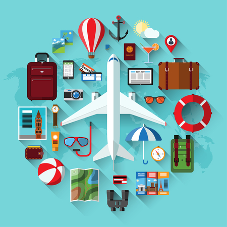 Air travel, planning a summer vacation, tourism, journey in holidays flat icons set. Airplane, travel objects and passenger luggage.のイラスト素材