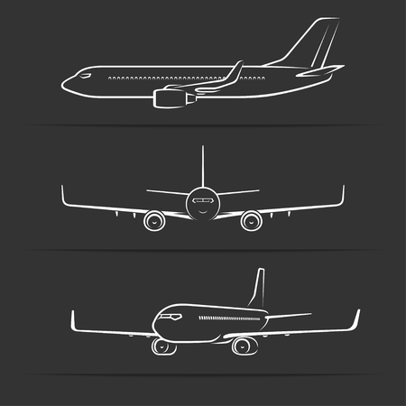 Passenger jet aircraft silhouettes, contours, outlines. Side, front, perspective view of modern airplane in flight.のイラスト素材