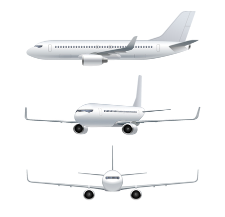 Flying airplane, jet aircraft, airliner. Front, side, 3d perspective view of detailed passenger air plane isolated on white background. Vector illustrationのイラスト素材