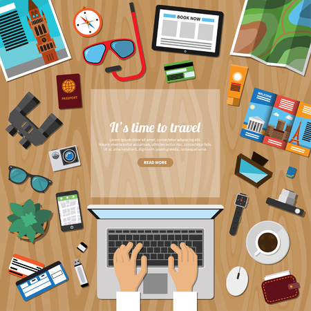 Travel, tourism, summer vacation planning, discover the world, journey in holidays concept in flat style. Top view at a desktop. Vector illustrationのイラスト素材