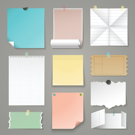 Set of paper backgrounds. Torn and folding paper, sticker, ruled graph and lined paper sheets. Vector illustrationのイラスト素材