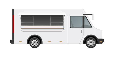 White food truck vector mock up template. Side view of realistic modern delivery service vehicle isolated on white background. Can be used for branding, logo placement, advertisingのイラスト素材