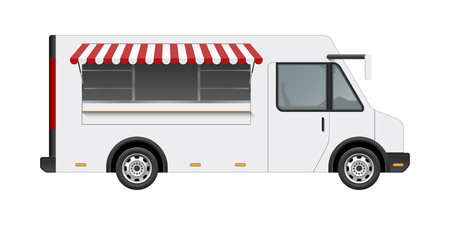 White food truck vector mock up template. Side view of realistic modern delivery service vehicle isolated on white background. Can be used for branding, logo placement, advertisingのイラスト素材