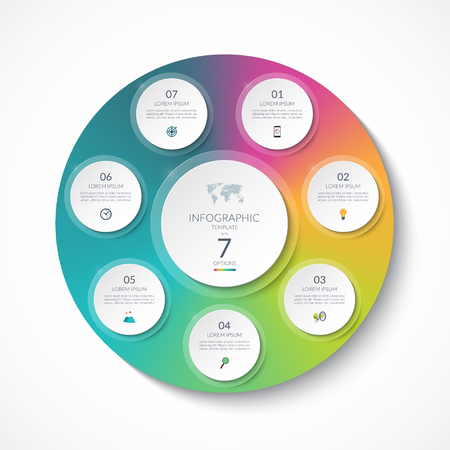 Infographic template with 7 circles, options, steps, parts. Can be used for diagram, chart, graph, brochure, annual report, business presentation.のイラスト素材