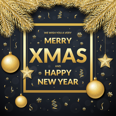 Merry Xmas and happy new year. Vector banner with text frame decorated with gold fir branches with christmas toys on black background. Can be used as greeting card, invitation, package designのイラスト素材