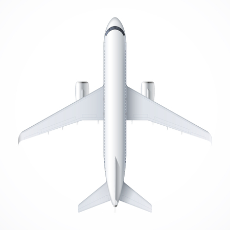 Flying airplane, jet aircraft, airliner top view of detailed passenger air plane isolated on white background vector illustration.のイラスト素材