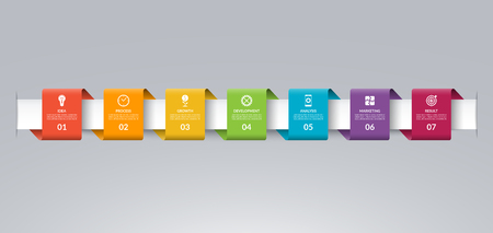 Information graphic timeline template in the form of colored paper tapes, with 7 options, steps, parts which can be used for for web, workflow layout, time line, diagram, chart, graph.のイラスト素材