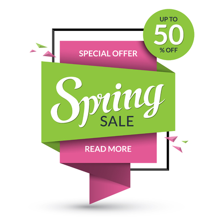 Spring sale banner. Discount label. Special offer vector template. Up to 50 percent off badge. Half price colorful sticker. Season sale tag. Shopping backgroundのイラスト素材