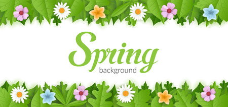 Spring vector background with blooming flowers and green foliageのイラスト素材