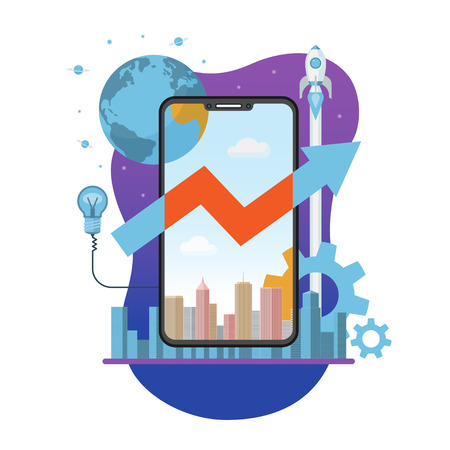 Mobile app creation, launch and development concept. New internet business project start up. Flat design vector illustrationのイラスト素材