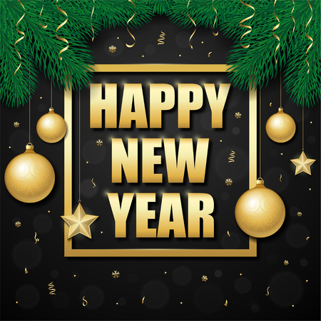 Happy new year vector banner with text frame decorated with fir branch, christmas toys and confetti on black background. Can be used as greeting card, invitation, cover, package designのイラスト素材
