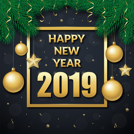 Happy new year 2019 vector background. Text frame decorated with fir branches and christmas toys. Can be used as a greeting card, invitation, package designのイラスト素材
