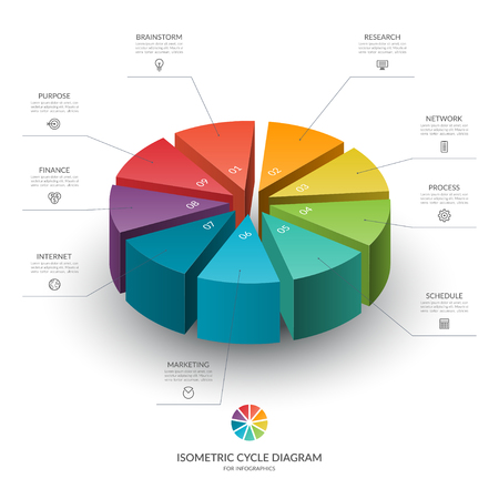 Isometric cycle diagram for infographics. Vector chart with 9 parts, options. Can be used for graph, report, presentation, brochure, web design.のイラスト素材