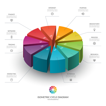 Isometric cycle diagram for infographics. Vector chart with 10 parts, options. Can be used for graph, report, presentation, brochure, web design.のイラスト素材