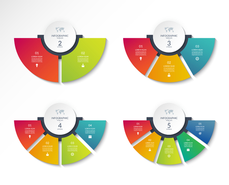 Set of business infographic semi circle templates with 2, 3, 4, 5 options. Can be used as a chart, workflow layout, diagram, data visualization, minimalistic web banner.のイラスト素材