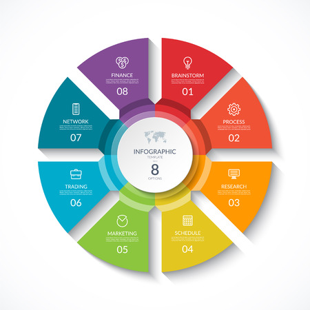Vector infographic circle. Cycle diagram with 8 stages. Round chart that can be used for report, business analytics, data visualization and presentation.のイラスト素材